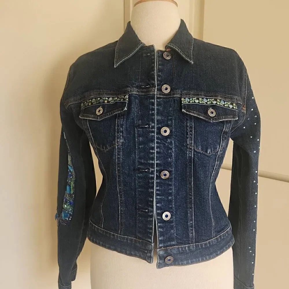Gap Upcycled Denim One of A Kind Denim Trucker Jacket, Beaded, Embellished, Sz